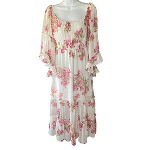 Blush Women Floral Smocked Peasant Babydoll Midi Dress M Cottagecore Romantic